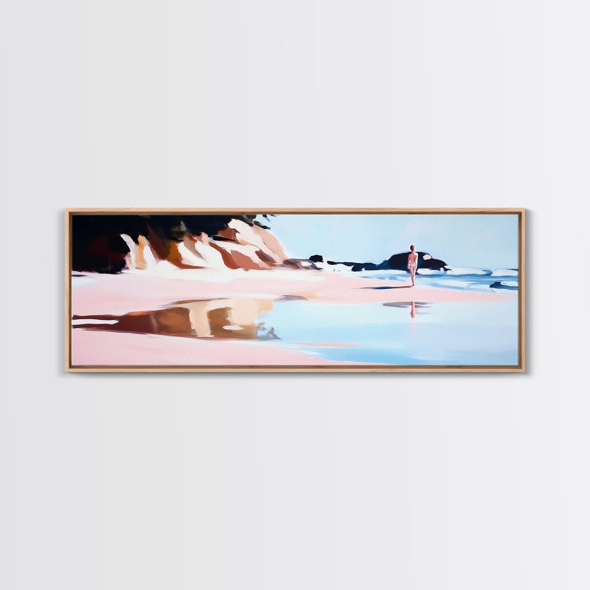 Serene Beach Walk, Peaceful Ocean Art, Coastal Wall Decor, Minimalist Framed Canvas Print, Pastel Seascape, Relaxing Bedroom Artwork