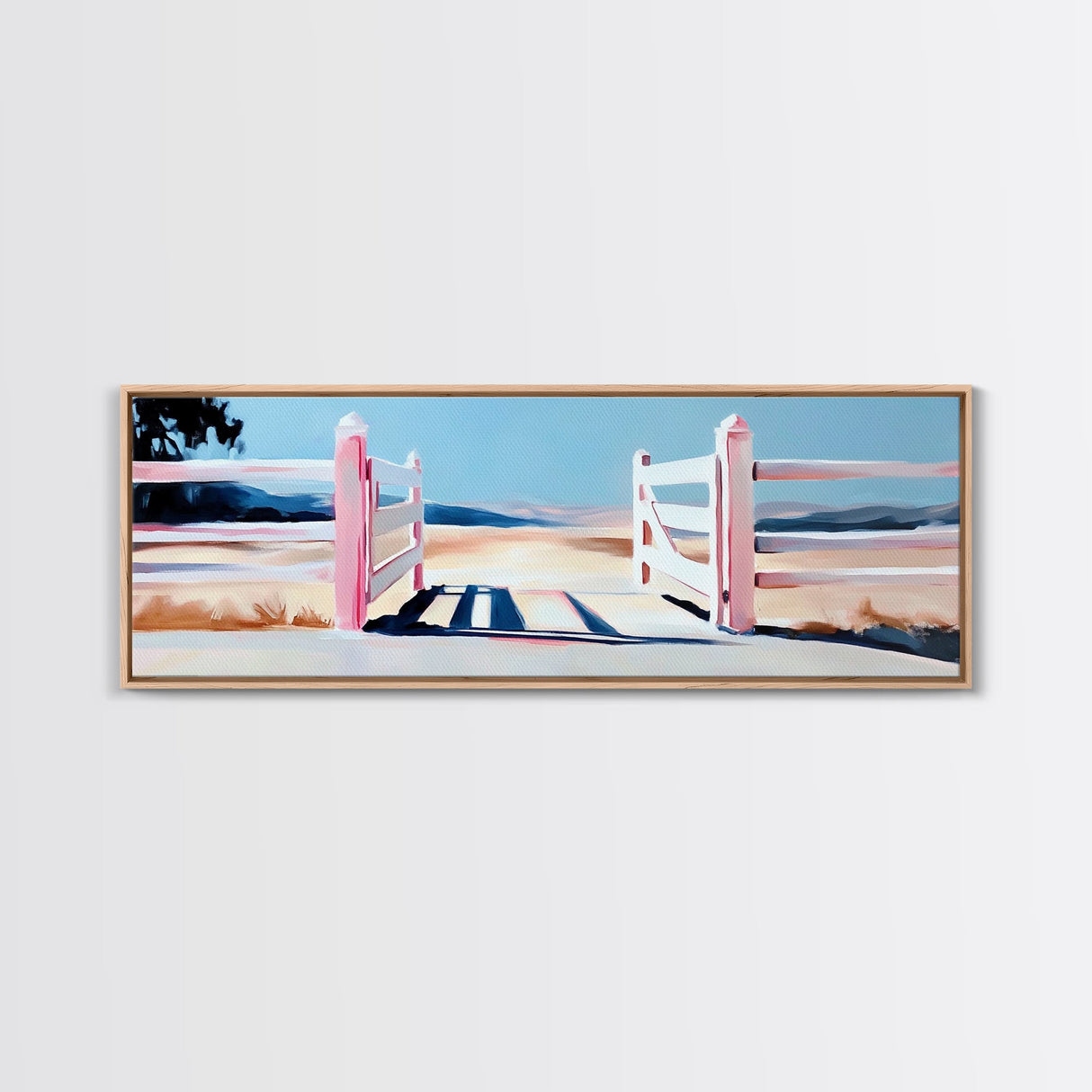 Open Gate, Countryside Fence, Rural Landscape, Framed Canvas Print, Warm Home Decor, Farmhouse Wall Art, Minimalist Design, Serene