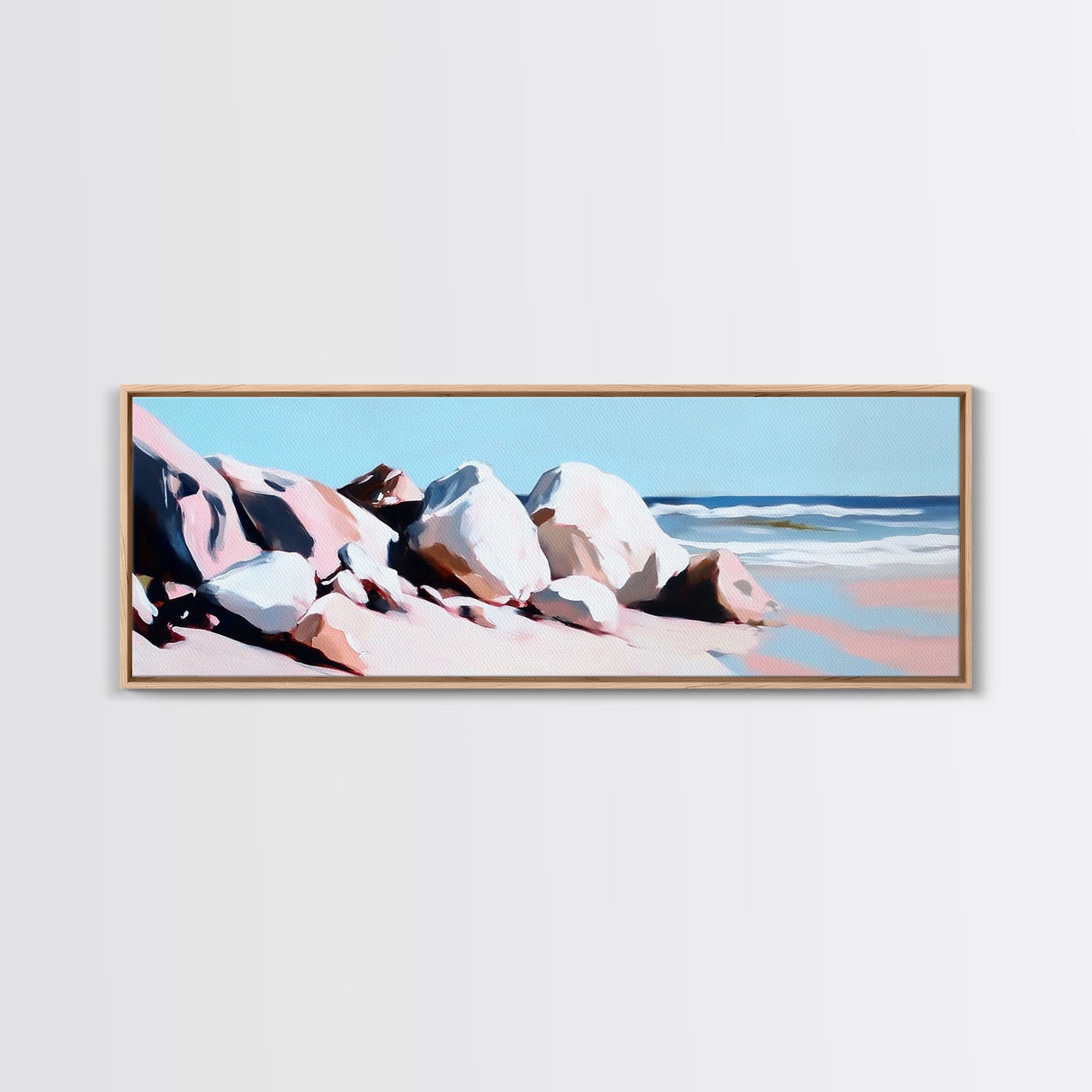 Ocean Rockscape, Tranquil Shoreline, Serene Nature Print, Coastal Art, Neutral Tones, Living Room Wall Decor, Framed Canvas Print
