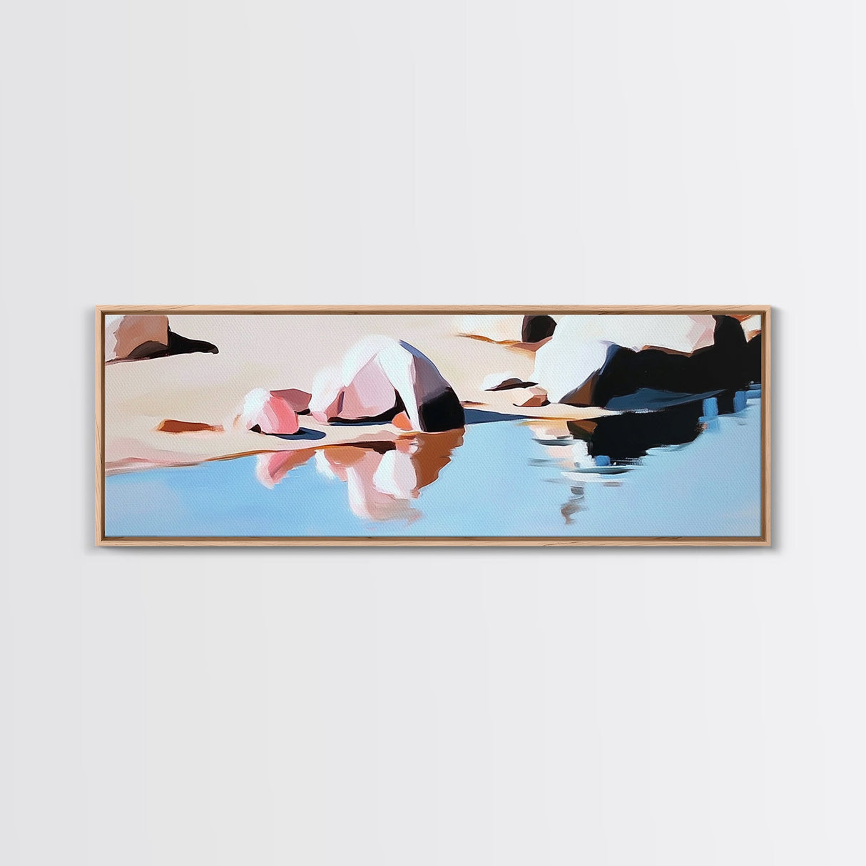 Coastal Rocks, Beach Reflection, Seascape Painting, Pastel Shoreline Art, Minimalist Nautical Decor, Living Room Art, Framed Canvas Print