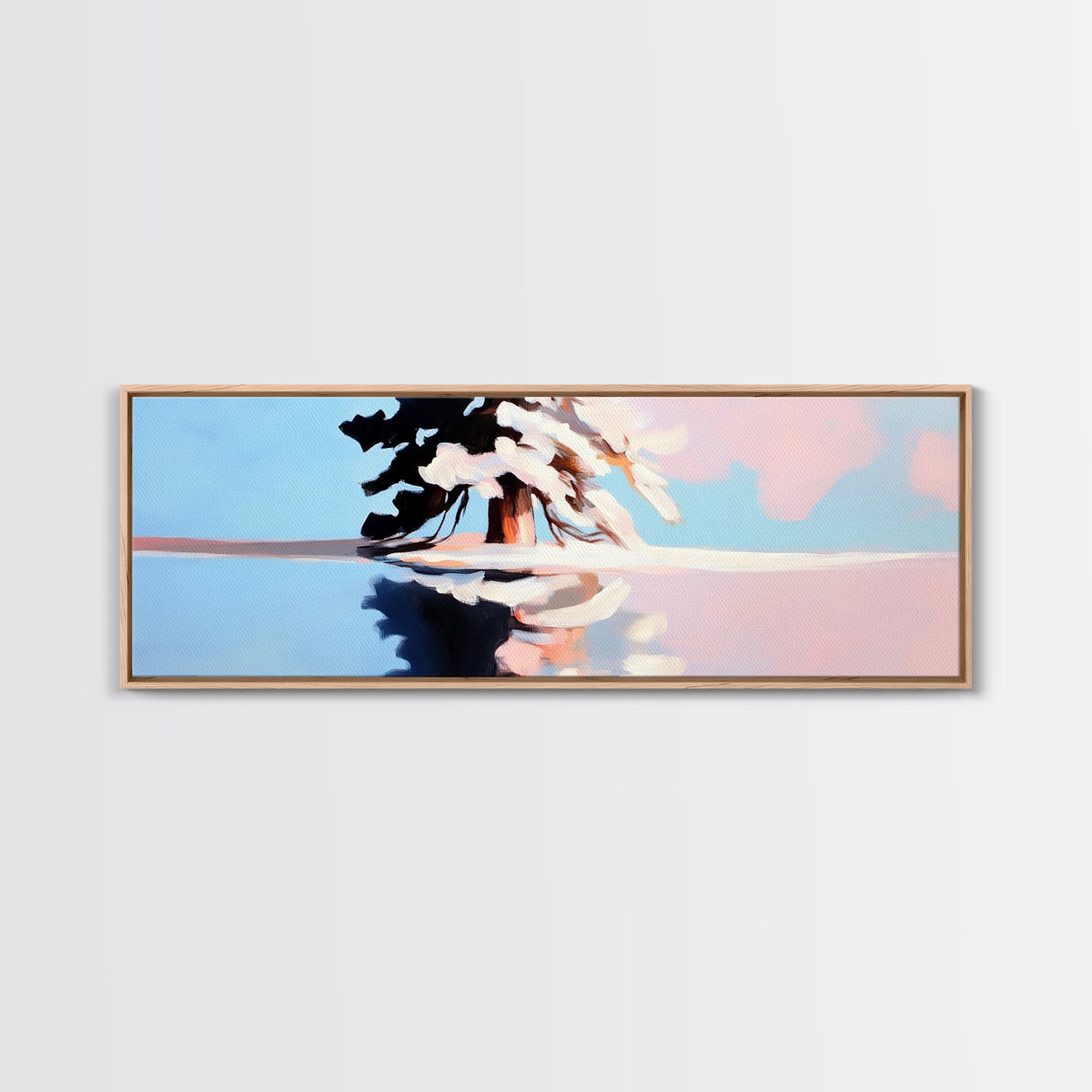 Winter Tree Reflection, Snowy Landscape Print, Serene Nature Art, Pastel Painting, Large Canvas Print, Minimalist Home Decor, Office Art