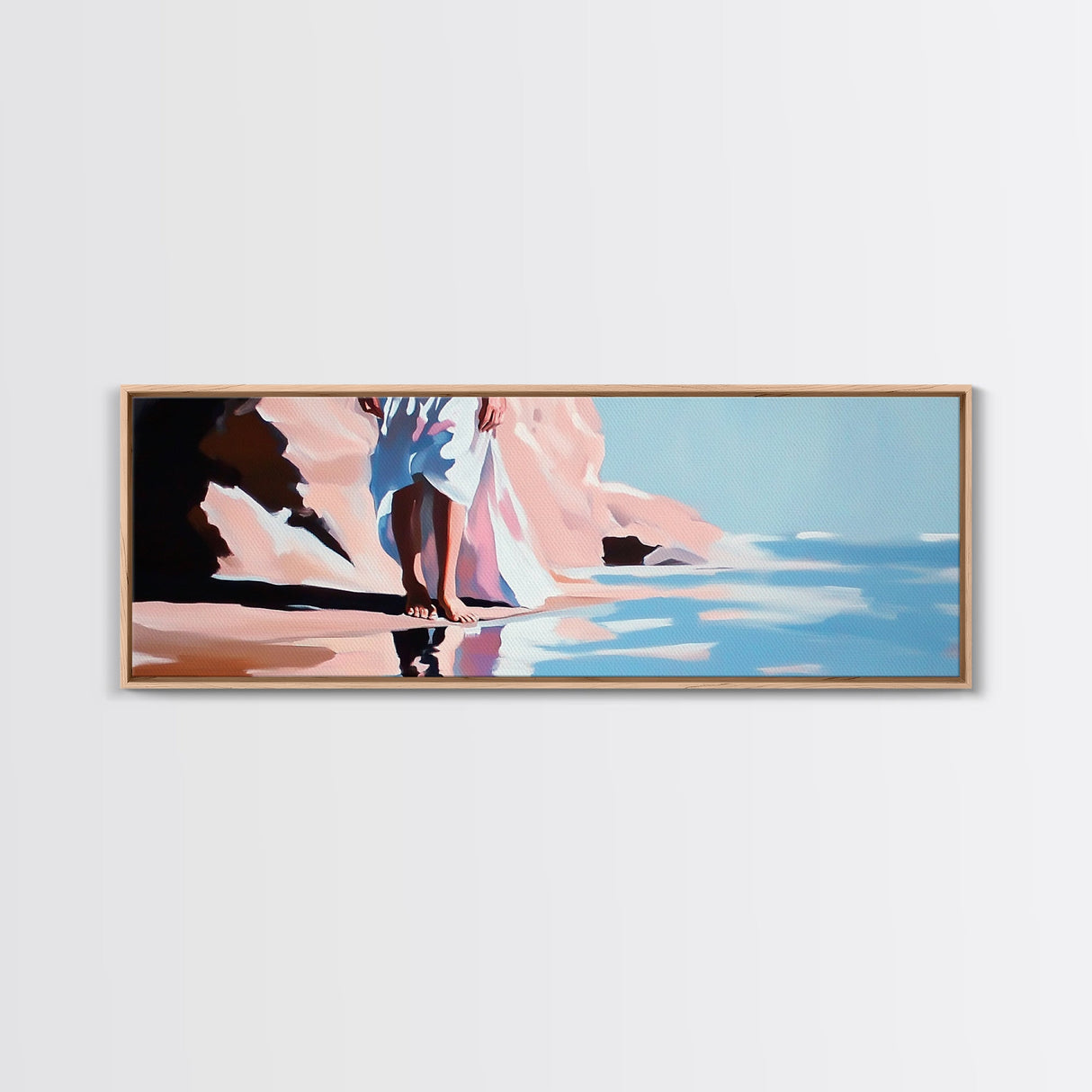 Woman Walking, Elegant Art, Coastal Chic, Bedroom Wall Art, Fashion Illustration, Soft Pastel Tones, Framed Canvas Print, Feminine Decor