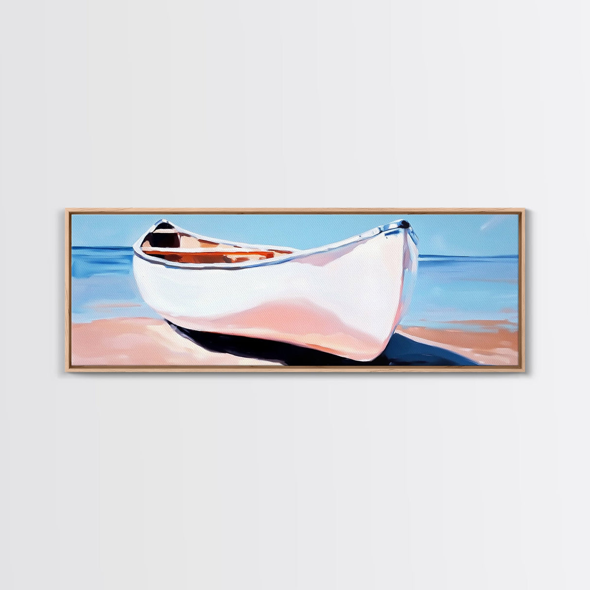 White Canoe, Coastal Wall Art, Seaside Aesthetic, Framed Canvas Print, Minimalist Boat Painting, Nautical Beach House Art, Ocean Decor