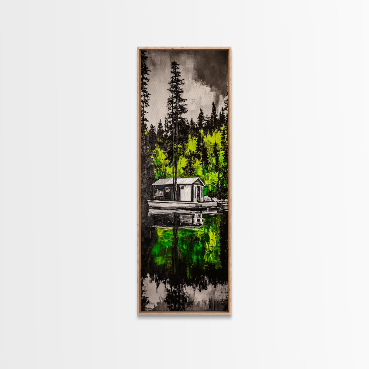 Forest Reflection, Cabin On Water, Tranquil Nature Scene, Woodsy Home Decor, Green Wall Art, Peaceful Landscape, Framed Canvas Print