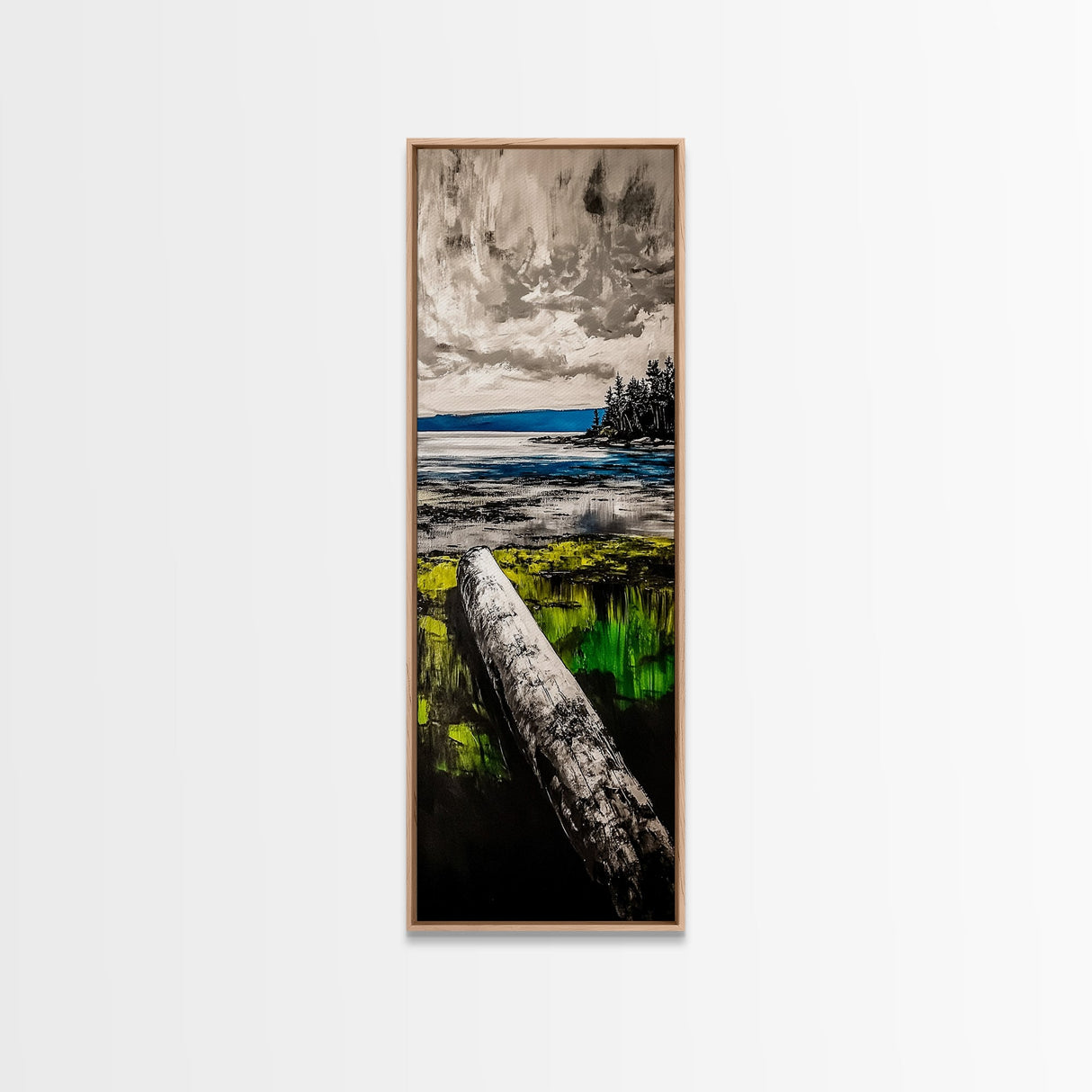 Driftwood Coast, Coastal Landscape, Beach Art, Ocean Decor, Natural Serenity, Rustic Style, Blue And Green Art, Framed Canvas Print