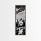 Snowy Peak, Mountain Reflection, Black White Nature, Adventure Landscape, Cabin Decor, Hiking Art, Framed Canvas Print
