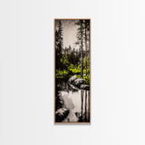 Tranquil River, Black White Nature, Reflective Water Scene, Forest Wall Decor, Rustic Landscape, Living Room Art, Framed Canvas Print