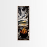 Sunset Fire Pit, Cozy Camping Decor, Lakeside Bonfire, Outdoor Wall Art, Framed Canvas Print, Rustic Lodge Art, Warm Tones, Cabin Decor