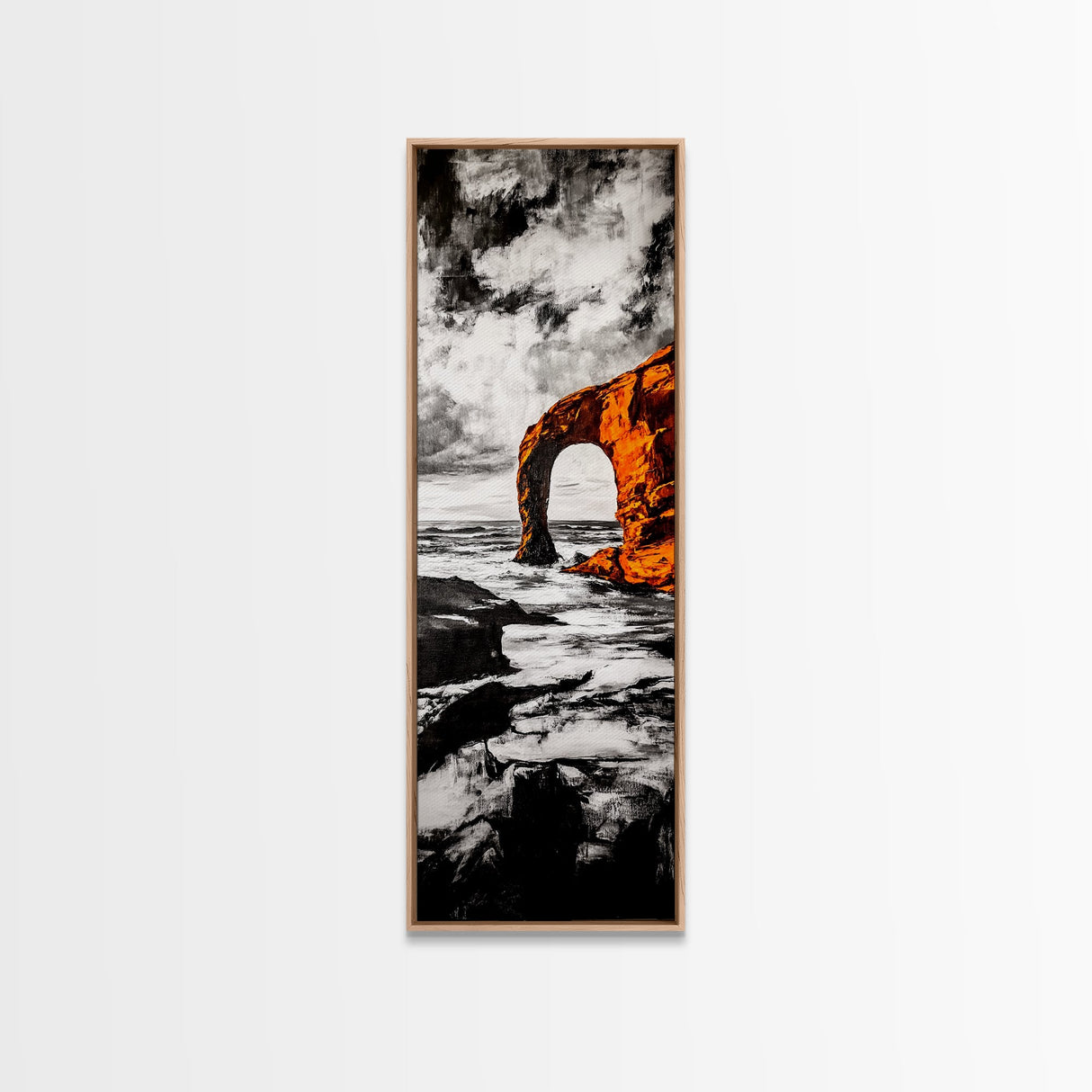 Rock Arch, Ocean Waves, Dramatic Seascape, Black and White Wall Decor, Living Room Art, Framed Canvas Print, Coastal Nature Artwork
