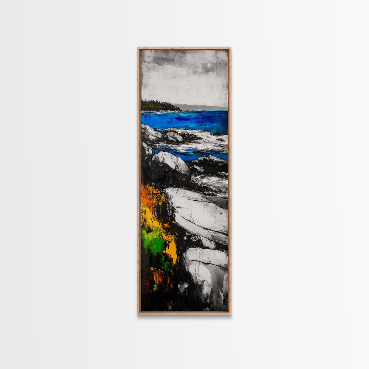 Rocky Coastline, Blue Waters, Seaside View, Framed Canvas Print, Nautical Art, Modern Beach Decor, Living Room Wall Art