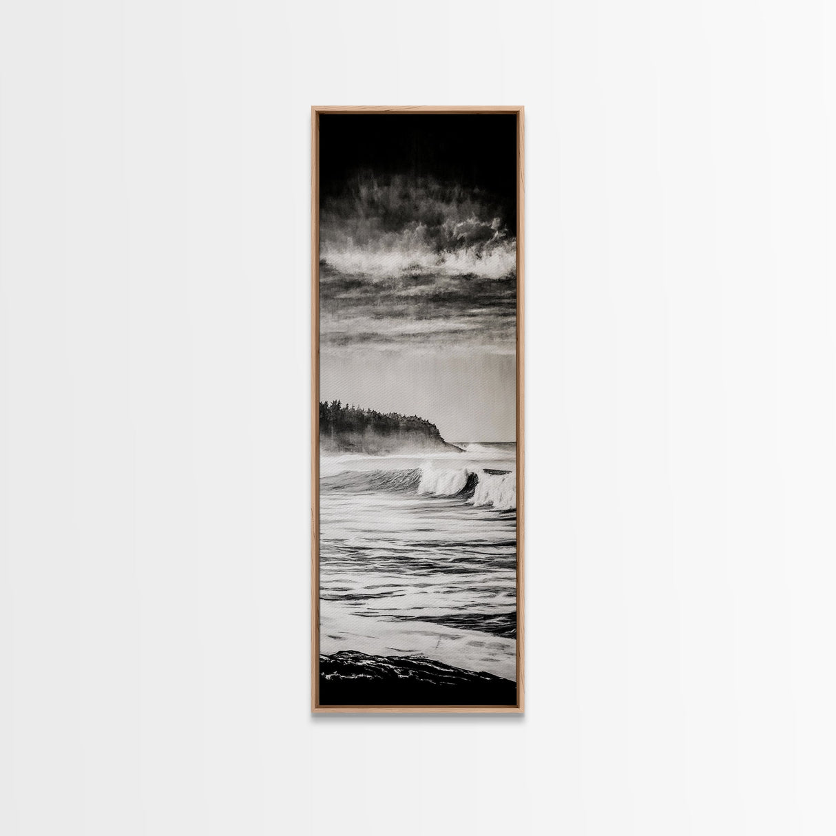 Stormy Waves, Ocean Landscape, Black and White, Framed Canvas Print, Coastal Wall Art, Modern Office Decor, Minimalist Seascape Painting