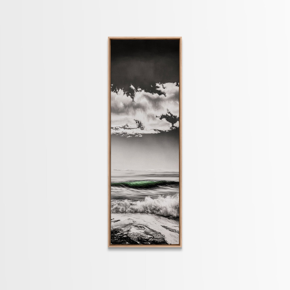 Coastal Waves, Black and White, Green Wave, Framed Canvas Print, Modern Beach Wall Art, Minimalist Ocean Decor, Living Room Art