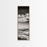 Coastal Waves, Black and White, Green Wave, Framed Canvas Print, Modern Beach Wall Art, Minimalist Ocean Decor, Living Room Art