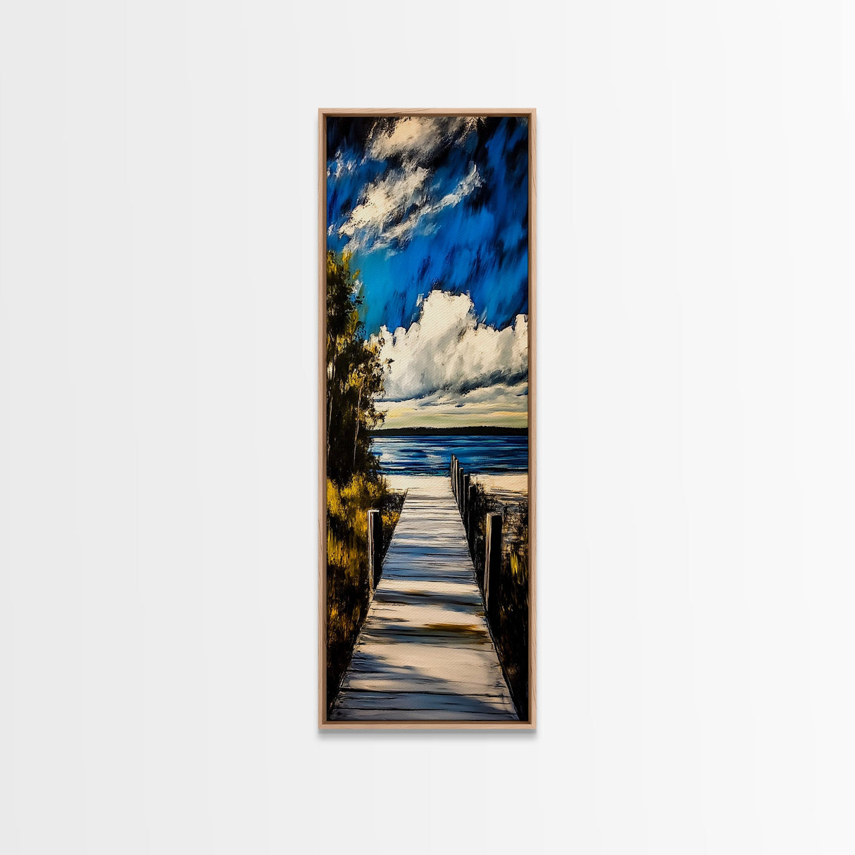 Serene Dock, Lake View, Blue and Gold, Canvas Print, Peaceful Nature Scene, Rustic Wall Art, Cabin Decor, Living Room Artwork