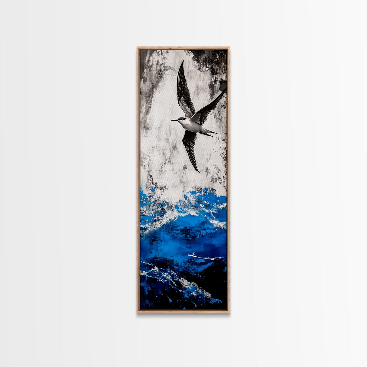 Ocean Bird, Stormy Waves, Blue and White, Framed Canvas Print, Nautical Wall Art, Minimalist Coastal Decor, Bedroom Artwork
