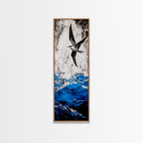 Ocean Bird, Stormy Waves, Blue and White, Framed Canvas Print, Nautical Wall Art, Minimalist Coastal Decor, Bedroom Artwork