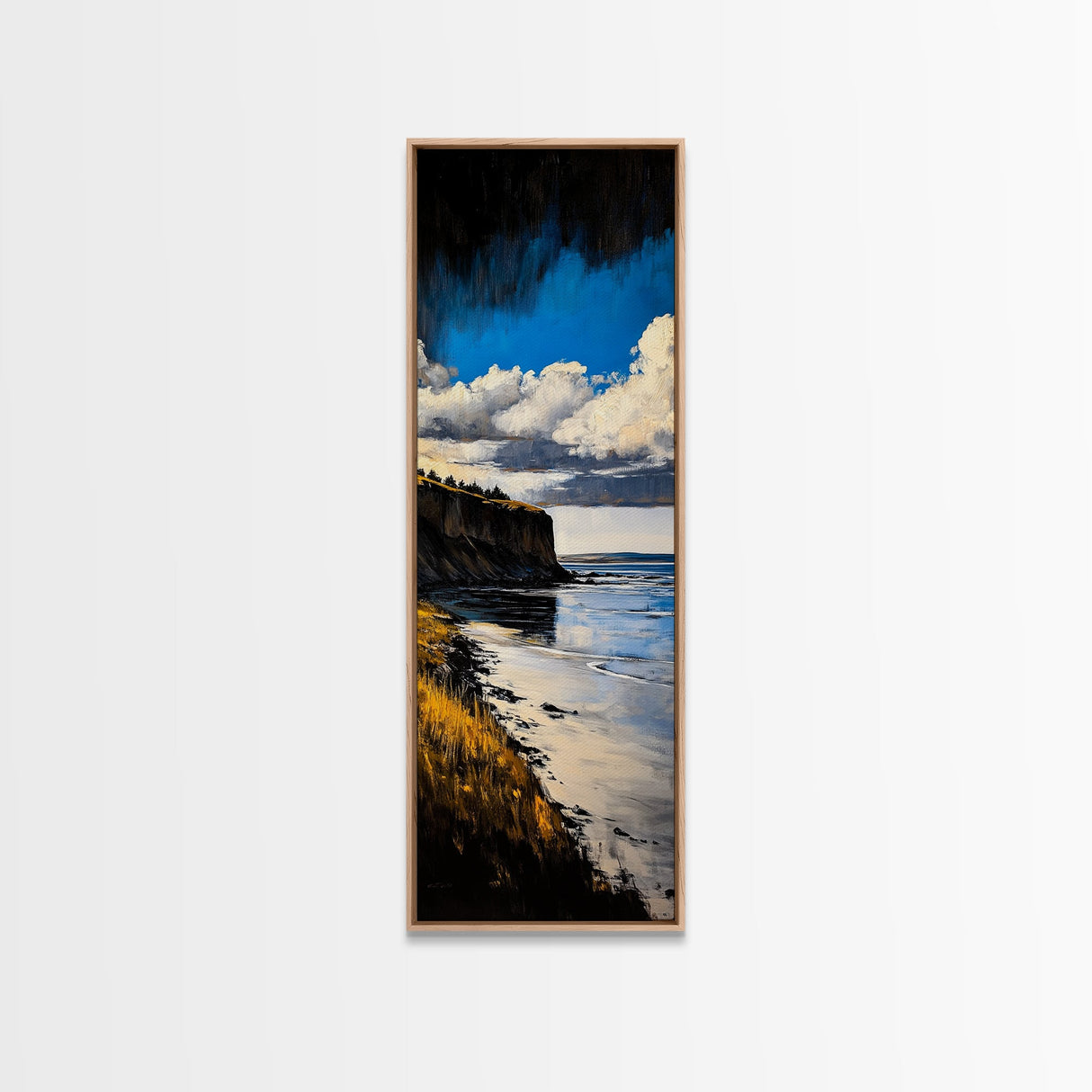 Coastal Cliff Art, Seaside Landscape Painting, Ocean View Wall Decor, Nature Home Design, Relaxing Beach Scene, Framed Canvas Print