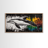 Dolphin Painting, Ocean Wildlife, Vibrant Colors, Coastal Wall Art, Black and White Animal Art, Framed Canvas Print, Beach House Decor