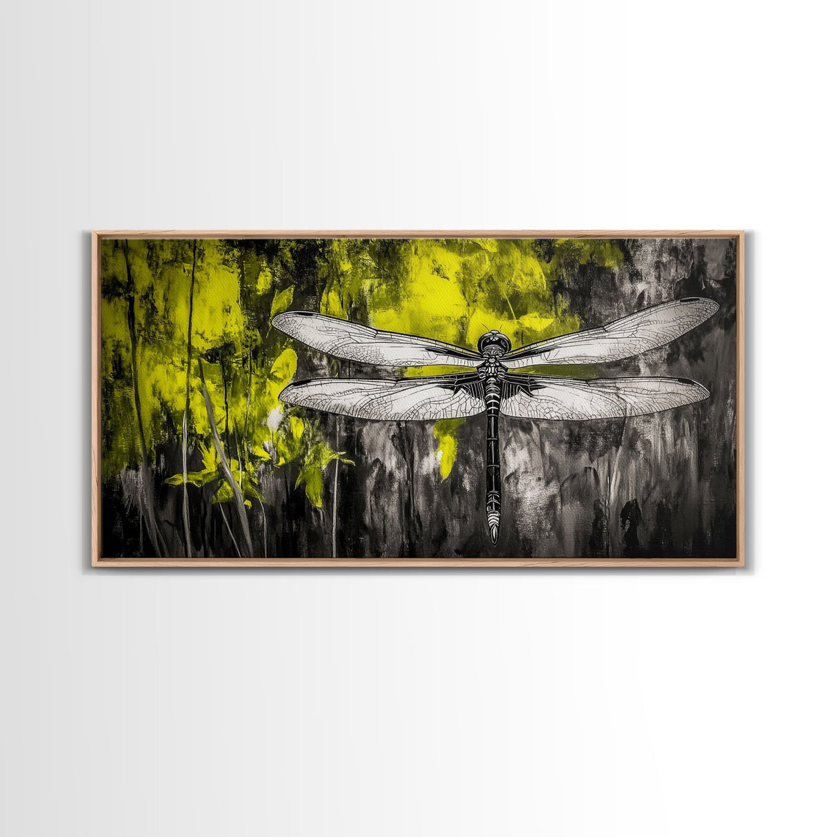Dragonfly Art, Nature Insect, Modern Botanical, Black and White Sketch, Yellow Green Abstract, Framed Canvas Print, Bedroom Wall Decor