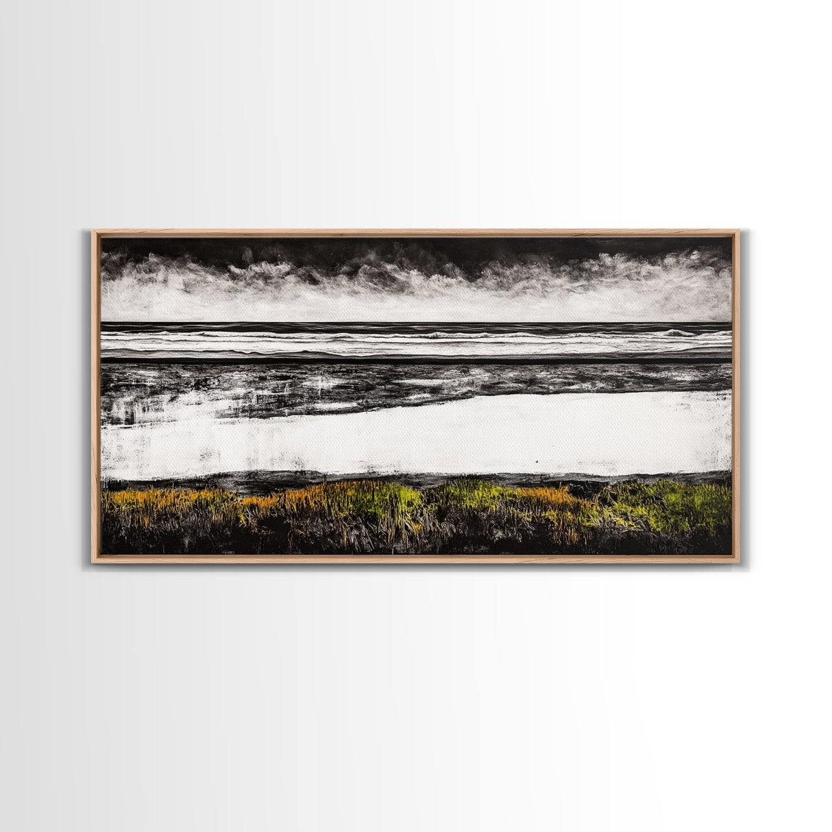 Coastal Horizon, Black and White Beach, Minimalist Seascape, Monochrome Art, Nature Inspired, Framed Canvas Print, Office Wall Decor