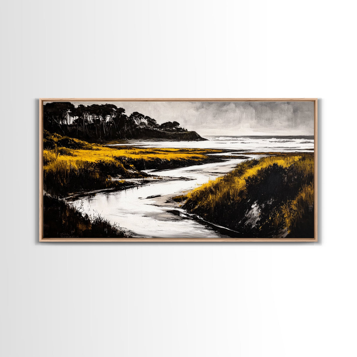 Golden Marsh, Ocean Landscape, Black and White Contrast, Nature Inspired, Minimalist Art, Framed Canvas Print, Bedroom Wall Decor