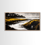Golden Marsh, Ocean Landscape, Black and White Contrast, Nature Inspired, Minimalist Art, Framed Canvas Print, Bedroom Wall Decor