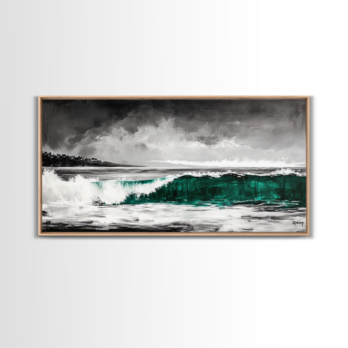 Green Ocean Wave, Dramatic, Black and White, Framed Canvas Print, Coastal Wall Art, Surfer Decor, Beach House Art, Nautical Decor