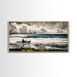 Kayaker on the Waves, Black and White Canvas Print, Ocean Adventure Wall Art, Nautical Decor, Living Room Artwork, Framed Canvas Print