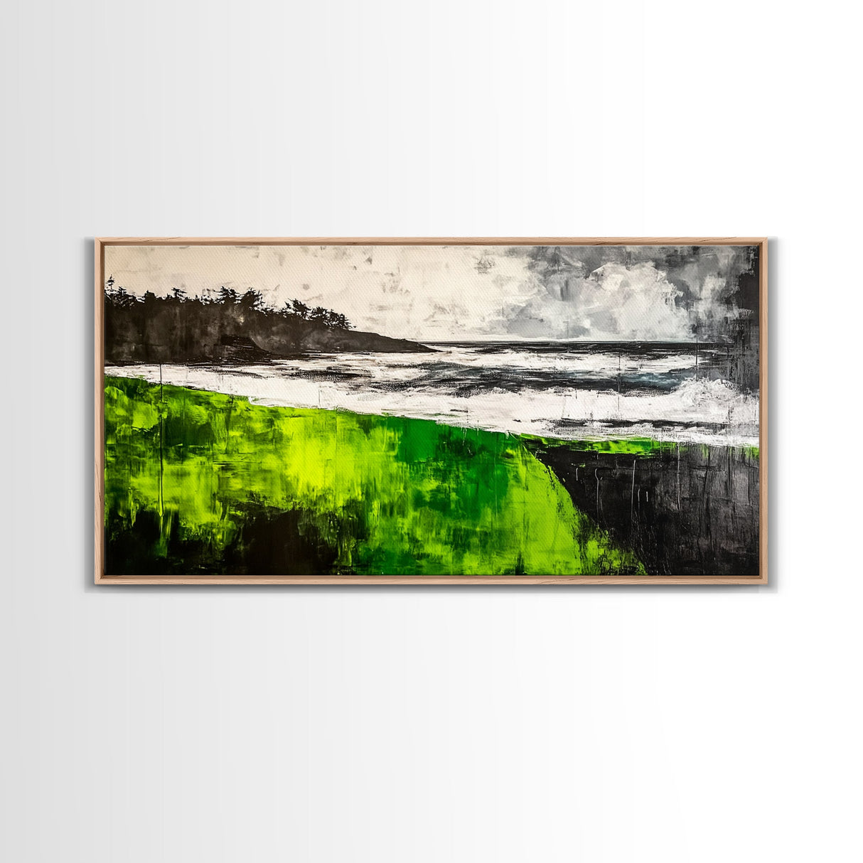 Green Cliffside, Coastal Landscape, Ocean Art, Black and White Seascape, Modern Home Decor, Nautical Theme Artwork, Framed Canvas Print