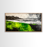 Green Cliffside, Coastal Landscape, Ocean Art, Black and White Seascape, Modern Home Decor, Nautical Theme Artwork, Framed Canvas Print