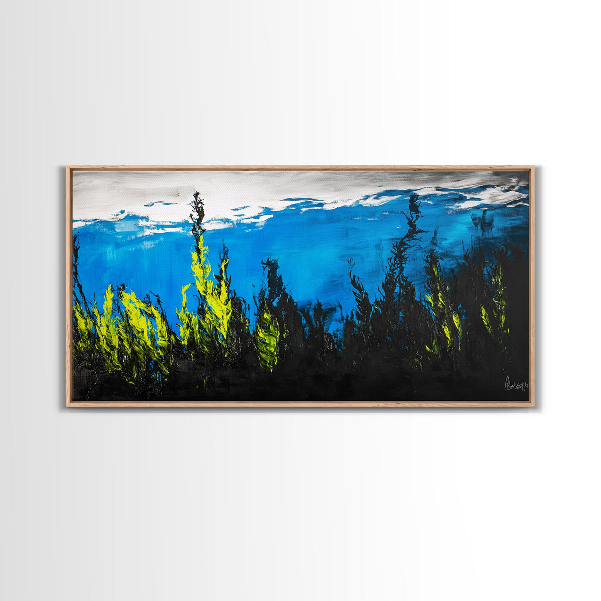 Underwater Seascape Painting, Blue and Yellow Canvas Print, Ocean Wall Art, Marine Decor, Vibrant Home Aesthetic, Framed Canvas Print