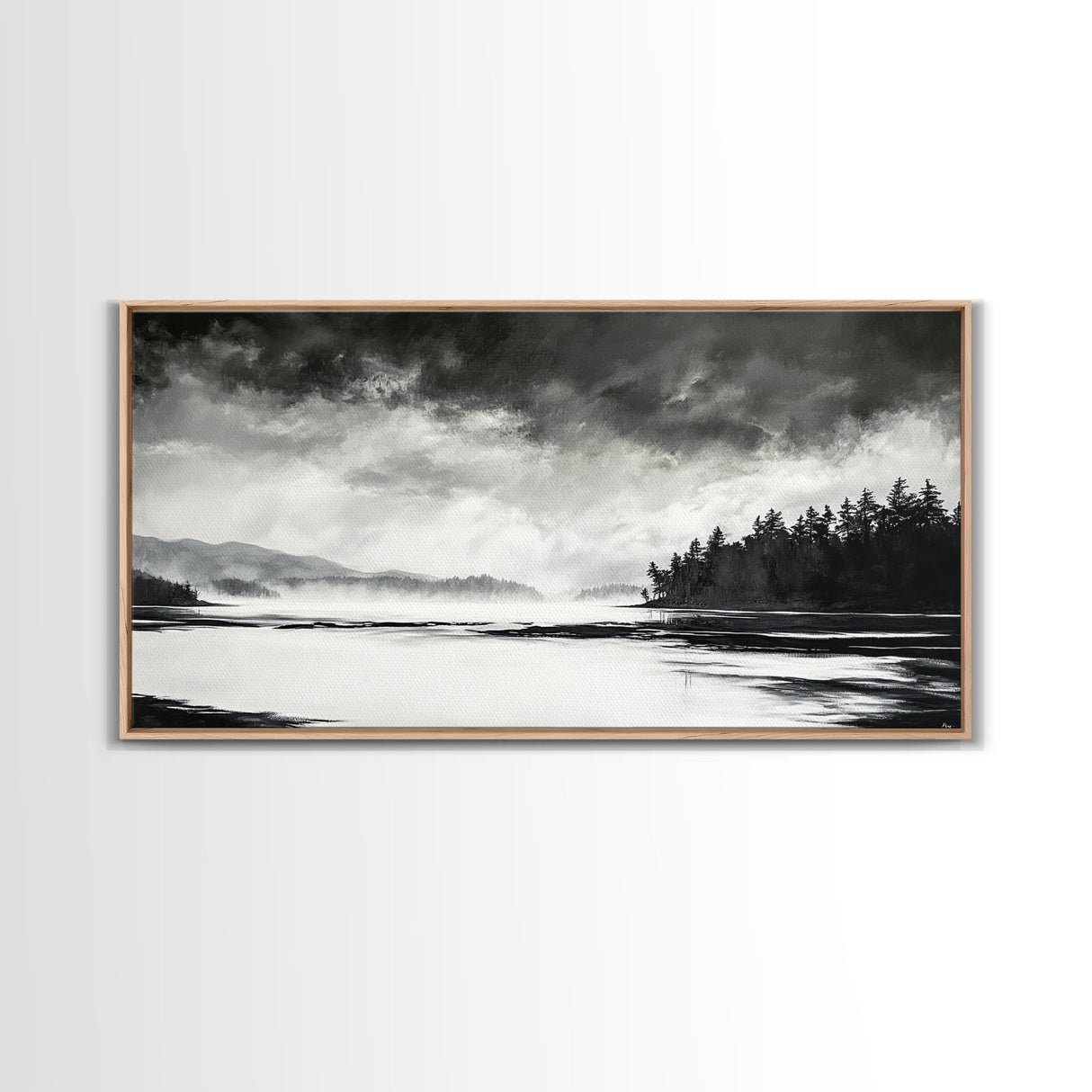 Monochrome Landscape Art, Misty Lake Canvas Print, Nature Wall Decor, Black and White Painting, Living Room Artwork, Framed Canvas Print