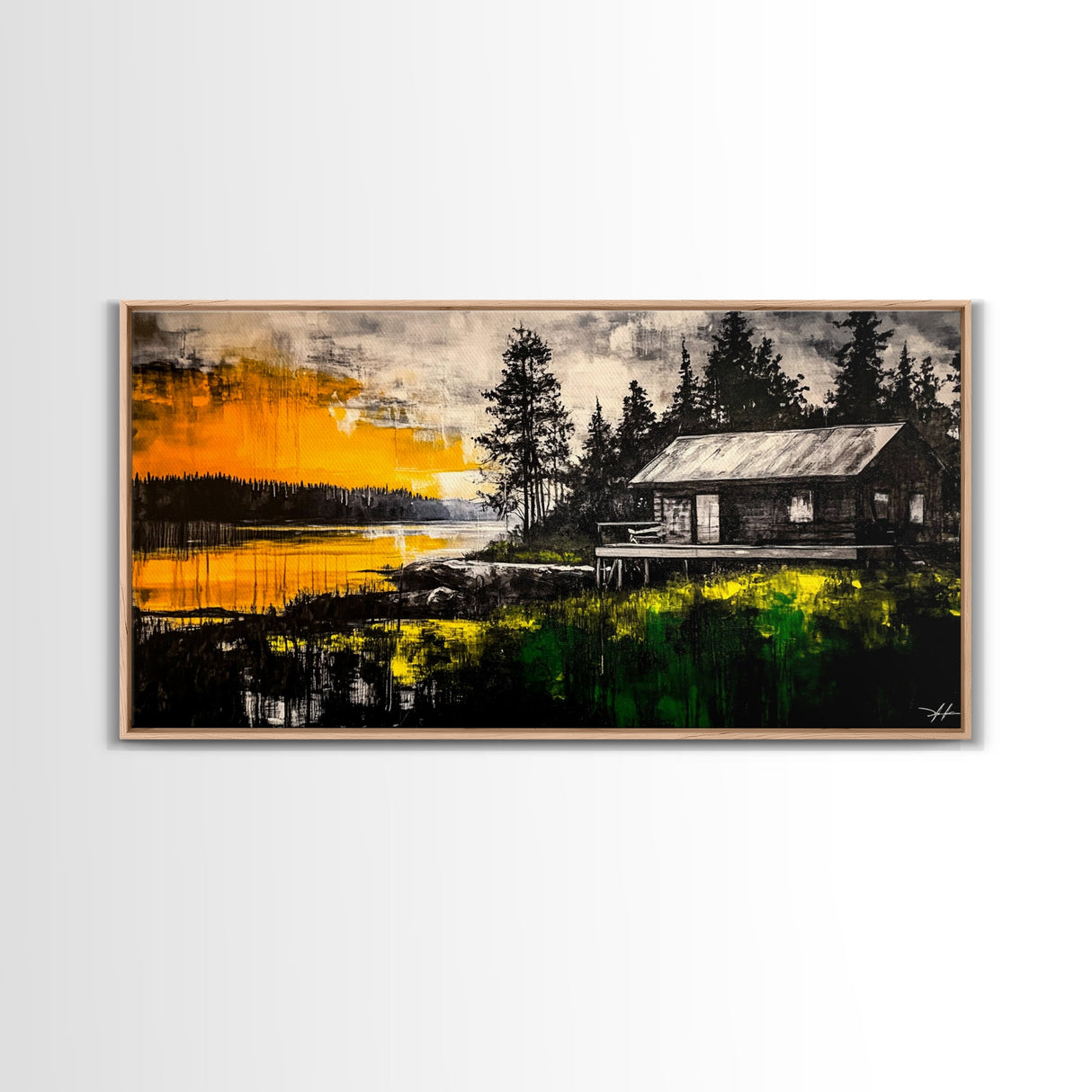 Rustic Cabin Art, Golden Sunset Canvas Print, Autumn Landscape Painting, Nature Wall Decor, Cozy Home Aesthetic, Framed Canvas Print