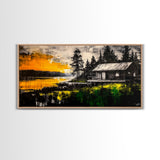 Rustic Cabin Art, Golden Sunset Canvas Print, Autumn Landscape Painting, Nature Wall Decor, Cozy Home Aesthetic, Framed Canvas Print