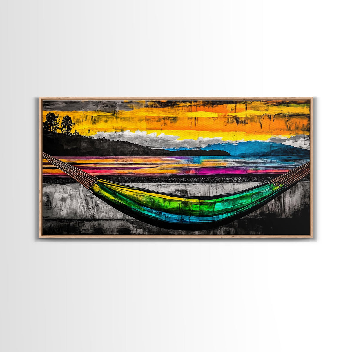Hammock Sunset Relaxation Art, Framed Canvas Print, Colorful Beach Wall Art, Tropical Home Decor, Vibrant Living Room Art, Boho Art