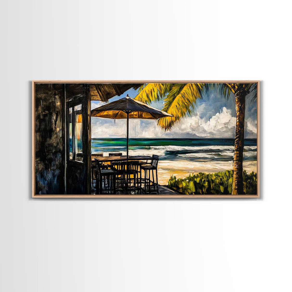 Oceanfront Cafe, Tropical Beach View, Nautical Home Art, Relaxing Coastal Decor, Boho Beach House, Seaside Paradise, Framed Canvas Print