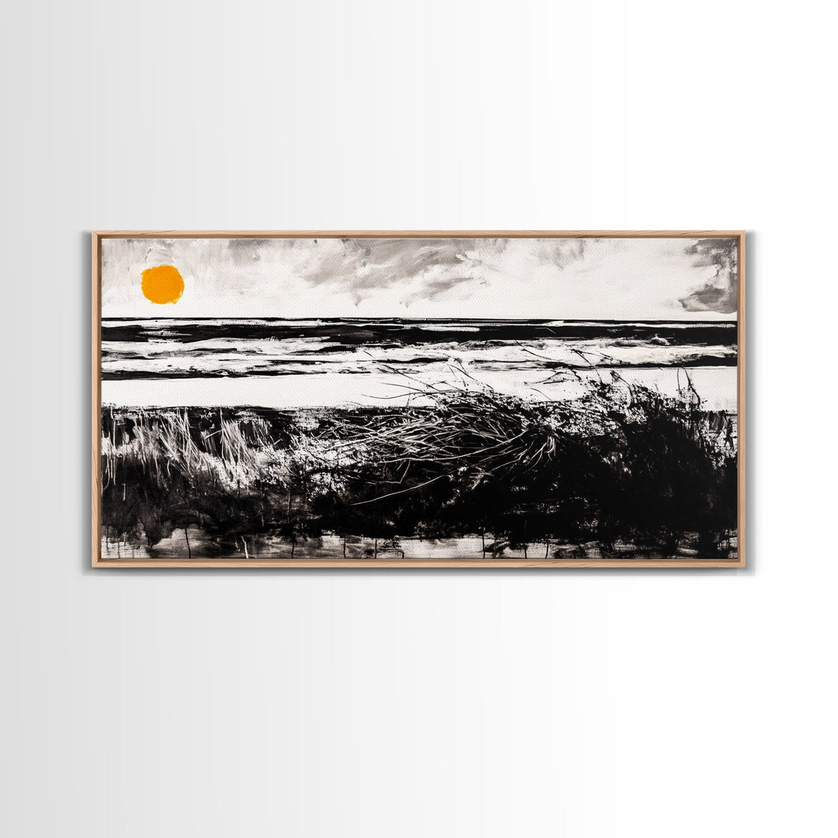 Coastal, Minimalist, Black and White, Framed Canvas Print, Ocean Sunset Wall Art, Beach House Decor, Nautical Artwork, Serene Seascape