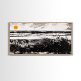 Coastal, Minimalist, Black and White, Framed Canvas Print, Ocean Sunset Wall Art, Beach House Decor, Nautical Artwork, Serene Seascape