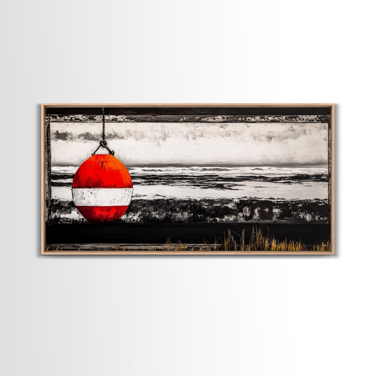 Red Buoy, Nautical, Coastal, Framed Canvas Print, Black and White Beach Scene, Ocean Wall Art, Maritime Decor, Fisherman’s House Artwork