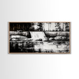 Waterfall Landscape, Black and White Nature Art, Forest Wall Decor, Rustic Art, Minimalist Landscape, Cabin Artwork, Framed Canvas Print