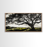Oak Tree, Scenic Meadow, Black and White Landscape, Framed Canvas Print, Nature Wall Art, Large Canvas Artwork, Living Room Decor