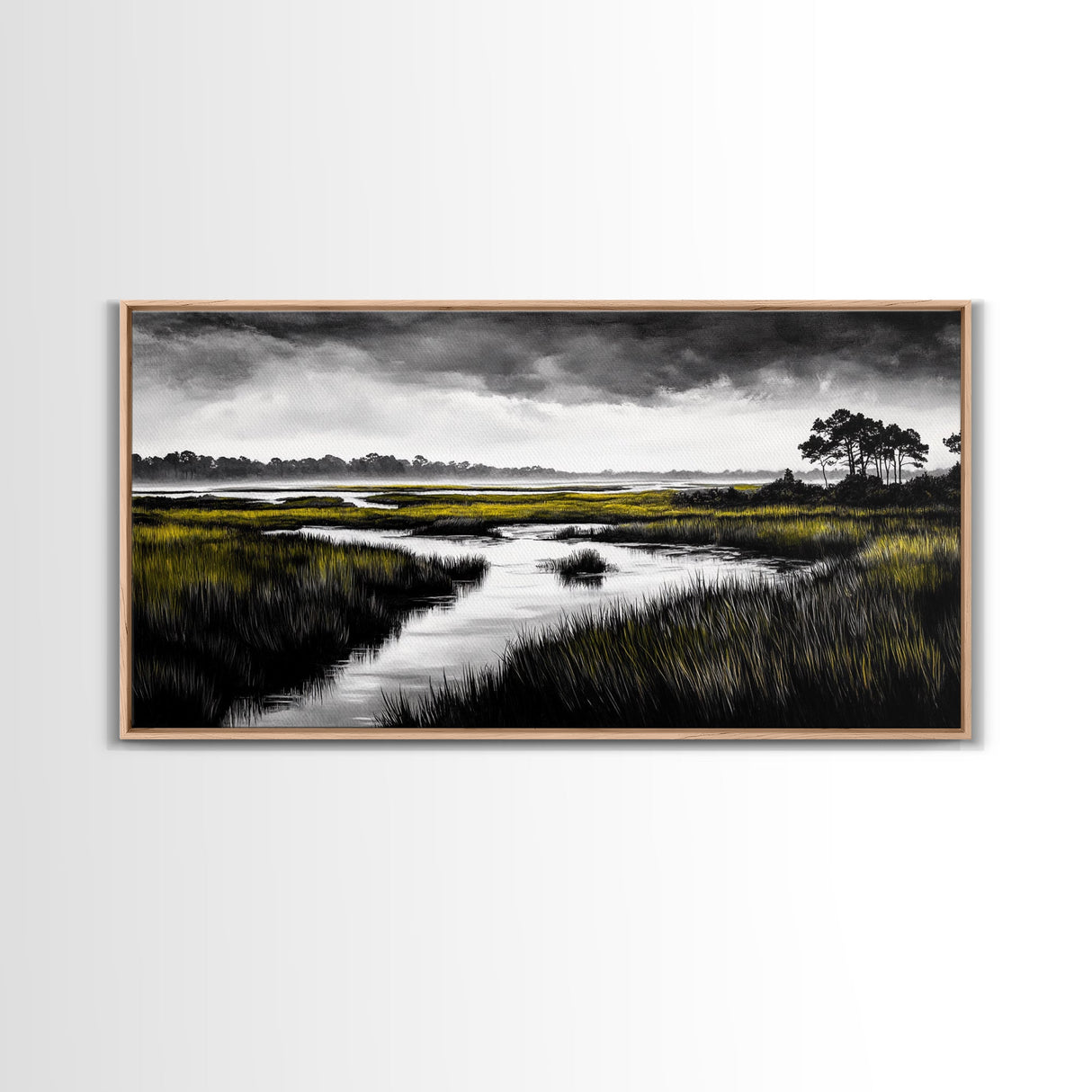 Marshland Scene, Serene Landscape, Black and White Nature Art, Modern Decor, Misty Grasslands, Living Room Artwork, Framed Canvas Print