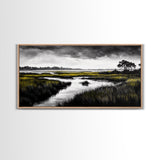 Marshland Scene, Serene Landscape, Black and White Nature Art, Modern Decor, Misty Grasslands, Living Room Artwork, Framed Canvas Print