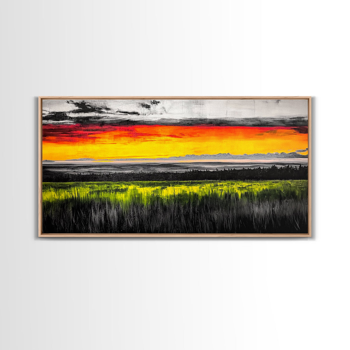 Sunset Meadow, Vibrant Sky Over Rolling Hills, Nature Landscape Painting, Bold Color Art, Canvas Print, Farmhouse Decor, Dining Room Art