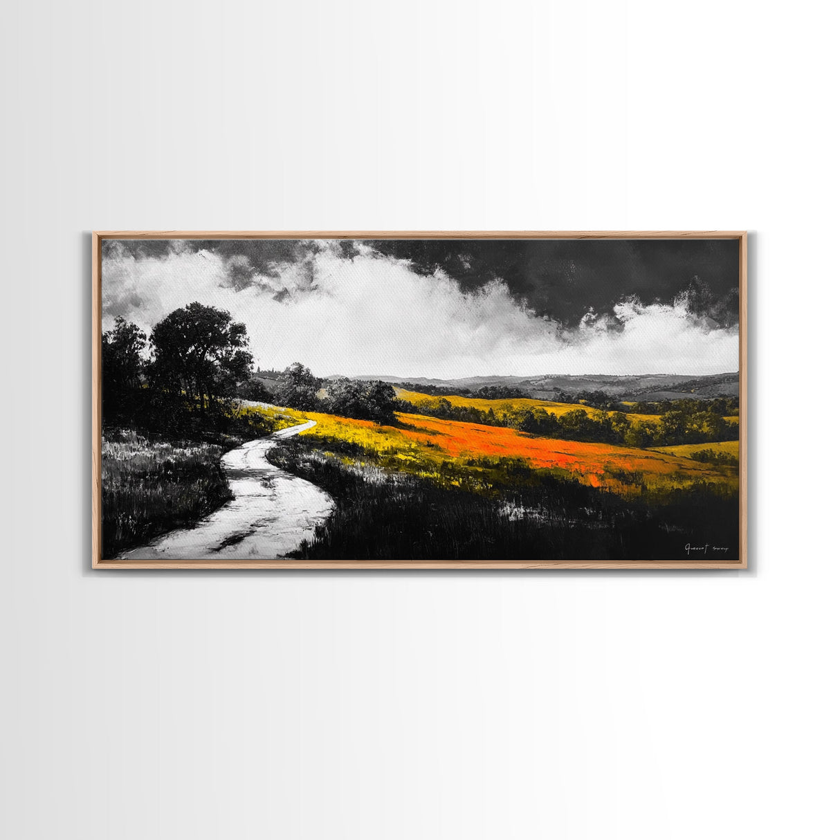Rolling Hills, Country Path, Black and White Landscape, Canvas Print, Autumn Fields, Minimalist Wall Art, Living Room Decor, Bold Contrast