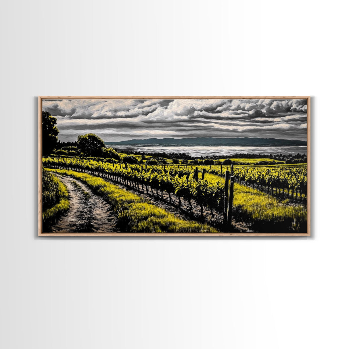 Vineyard View, Rolling Hills, Country Art, Framed Canvas Print, Rustic Landscape, Black White Yellow, Living Room Wall Art, Large Canvas
