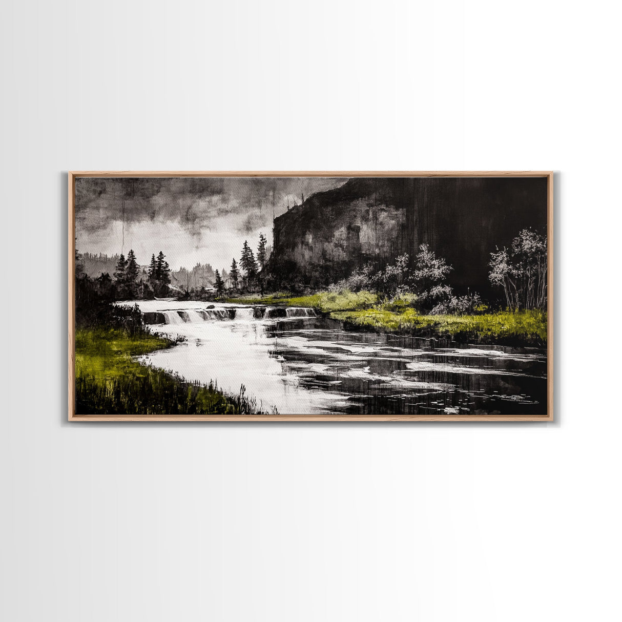 Forest Waterfall, Black and White Landscape, Nature Wall Art, Rustic Lodge Decor, Cabin Home Art, Peaceful River Scene, Canvas Print