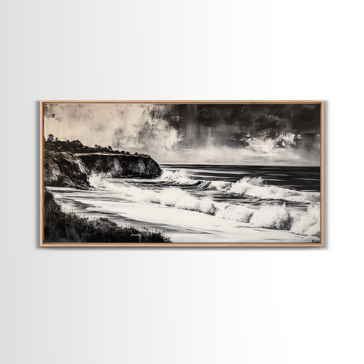 Ocean Waves, Coastal Landscape, Black and White, Framed Canvas Print, Nautical Wall Art, Minimalist Art, Living Room Wall Decor