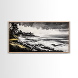 Rocky Shore, Monochrome Art, Serene Beach, Canvas Print, Coastal Landscape, Minimalist Art, Office Wall Decor, Nature Inspired Art