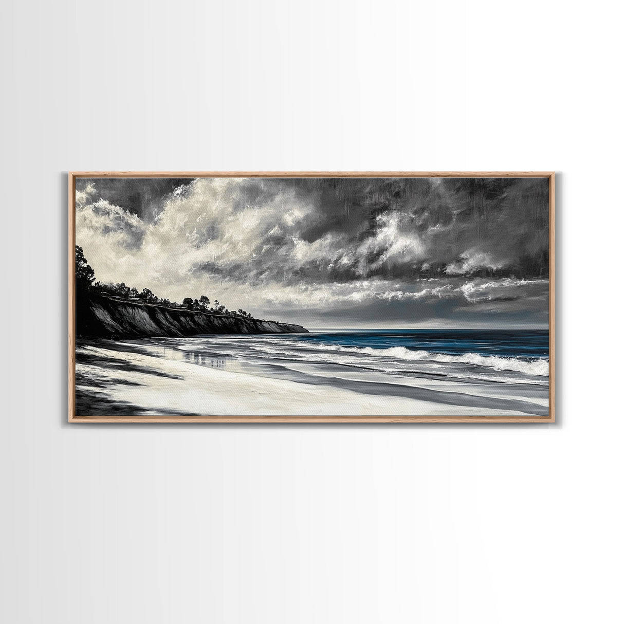 Moody Seascape, Stormy Ocean, Dramatic Sky, Beach Wall Art, Black and White Coastal Decor, Framed Canvas Print, Large Landscape Art